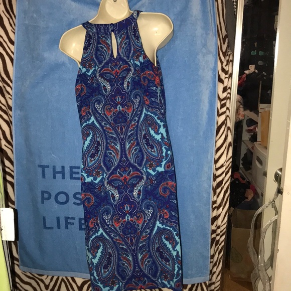 INC medium blue red and white beaded halter dress - Picture 2 of 4